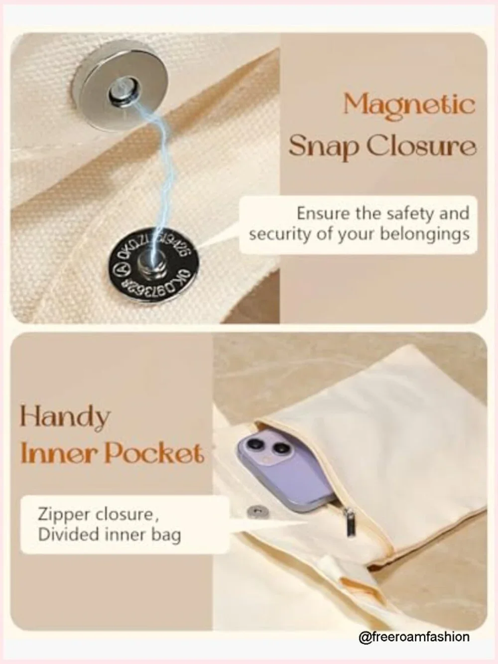 Large Canvas Cotton Tote Bag with Magnetic Buckle and Zipper Pocket